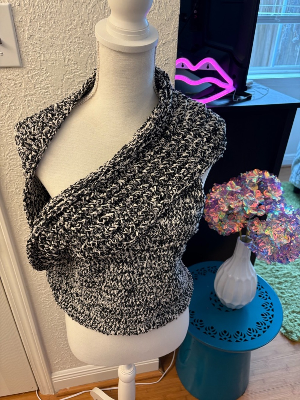 NWT Zara Black and White Asymmetric One Shoulder Marled Knit Sweater